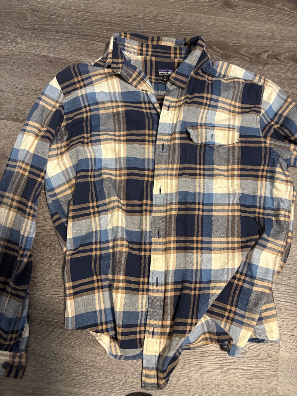 Patagonia Navy, Tan & Light Blue Plaid Button-Down Shirt